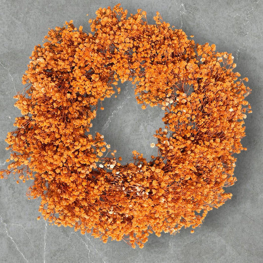 Schleierkraut Kranz 30 cm – Orange Trockenblumenkranz | Herbstkranz Boho Türkranz | Handgefertigte Wanddeko aus Schleierkraut