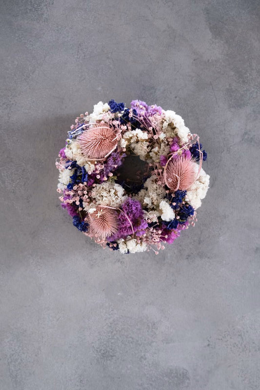 Trockenblumenkranz 20 cm | Kerzenkranz Rosa Violett | Distelkranz | Tischkranz | Naturkranz | Handgemachte Dekoration