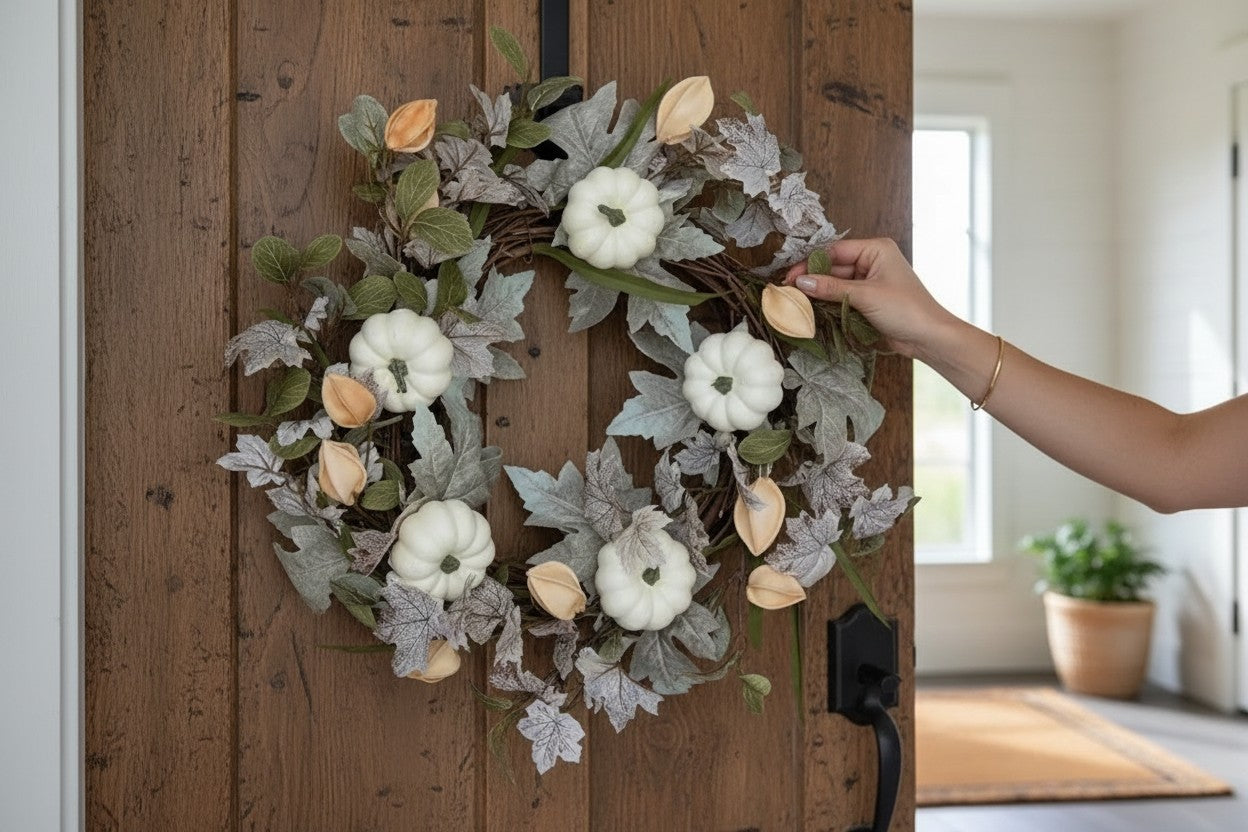 Herbstkranz künstlich – Türkranz Outdoor – 55 cm – mit Kürbis & Calla – formbar – wetterfest – herbstliche Haustürdeko – Deko Herbst