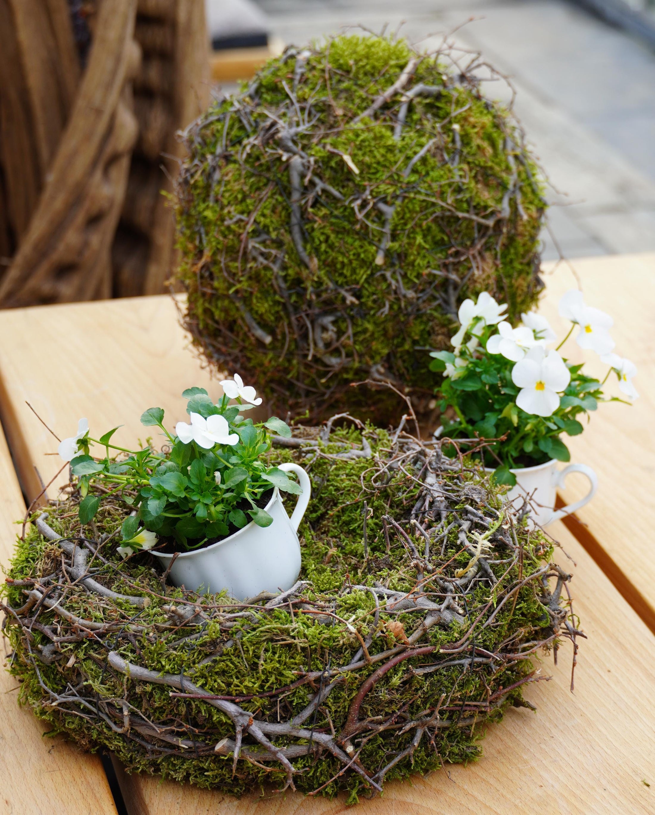 Kranz Moosnest Mooskugel mit Bonsai und Birkenästen – Natürliches Dekohighlight für Innen & Außen