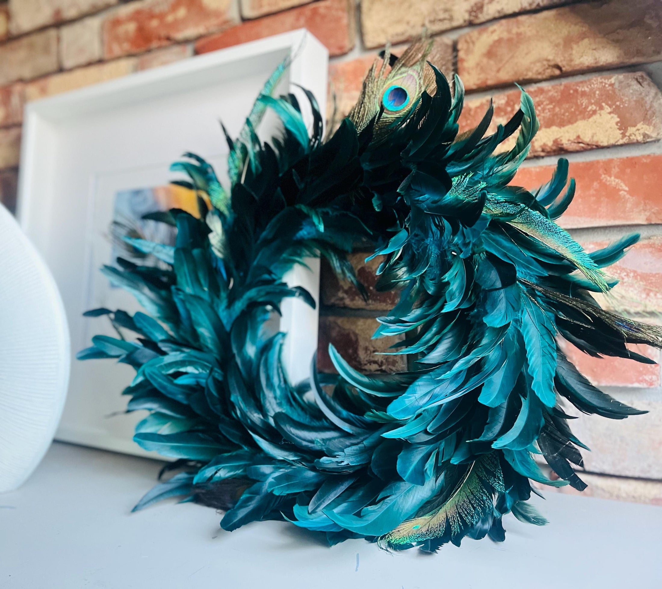 Kranz aus echten Pfauenfedern – Federnkranz 55 cm | Boho Wandkranz Türdeko Handarbeit | Deko Federschmuck