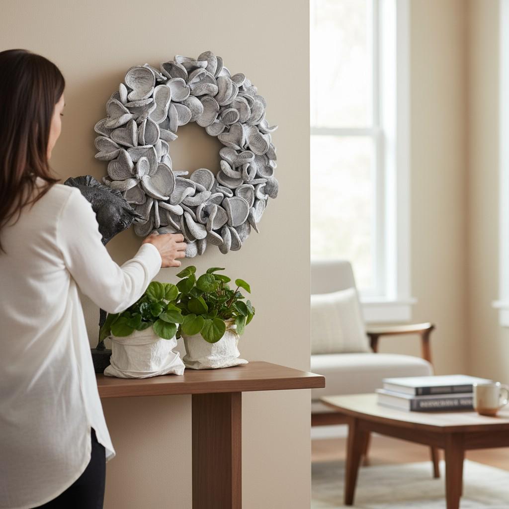 XXL Kranz Wandkranz aus großen Kapseln 65 cm Durchmesser, Farbe Shabby Weiß