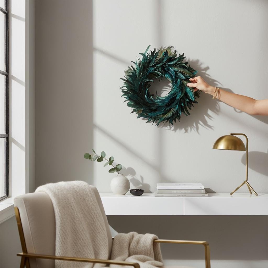 Kranz aus echten Pfauenfedern – Federnkranz 55 cm | Boho Wandkranz Türdeko Handarbeit | Deko Federschmuck