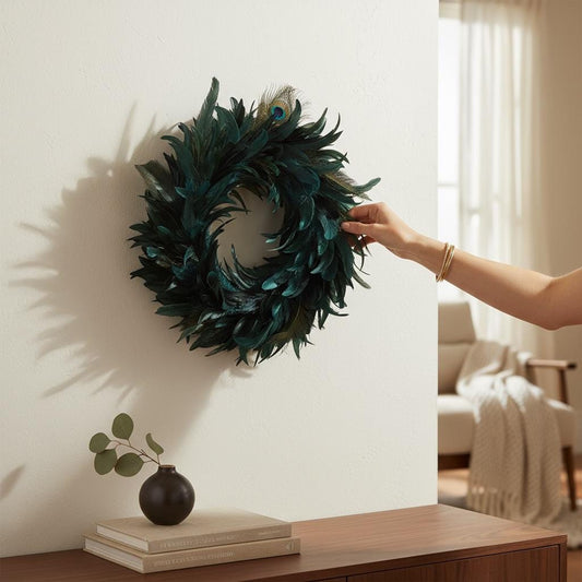 Kranz aus echten Pfauenfedern – Federnkranz 55 cm | Boho Wandkranz Türdeko Handarbeit | Deko Federschmuck
