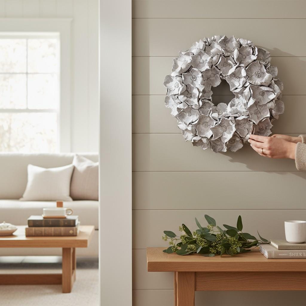 Eleganter weißer Wandkranz für den Innenbereich mit 10 cm großen Blüten, 45 cm Durchmesser, einfach aufzuhängen