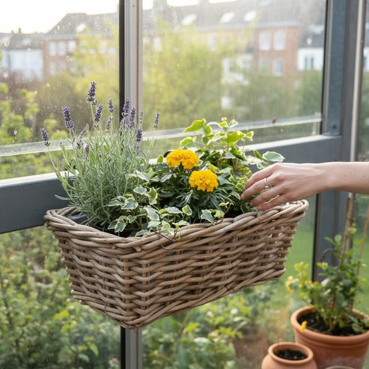 Rattan Pflanzkasten 40cm – natürlicher Balkonkasten mit Metallhalter – Folieneinsatz – Kräuter Balkon Garten Deko