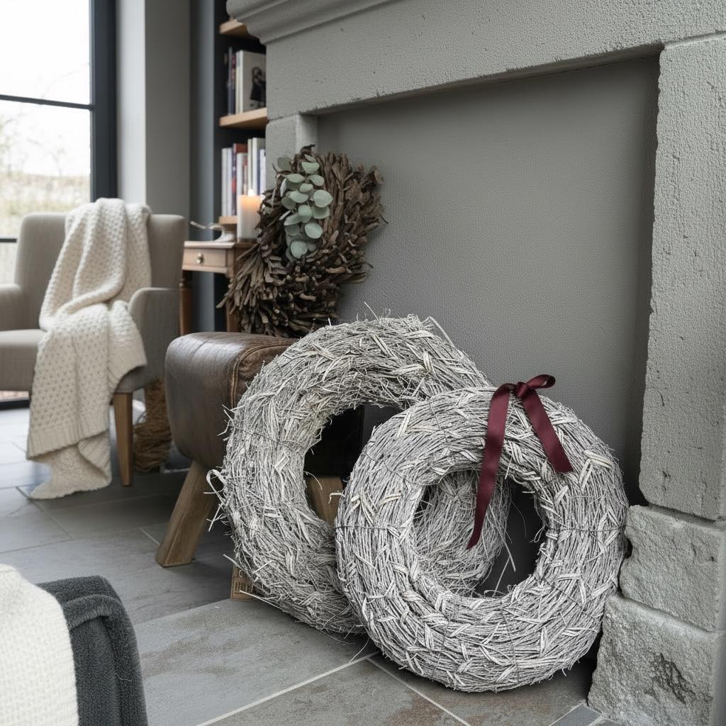 Dekokranz Natur 40/50cm – zwei Größen wählbar – Boho Wandkranz & Tischdeko – Naturmaterial Grau – Skandi Deko