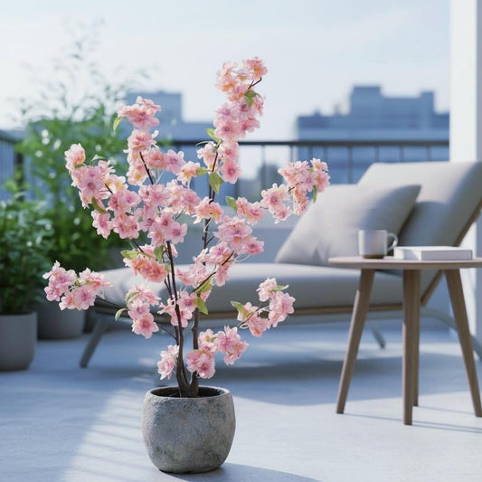 Künstlicher Blütenbusch 80cm – Apfel/Birnenblüte – inkl. Innentopf (für Übertopf) – rosa Blüten – Frühling Deko Kunstpflanze