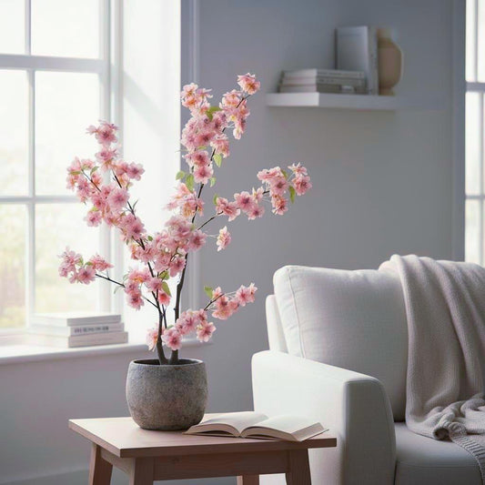 Künstlicher Blütenbusch 80cm – Apfel/Birnenblüte – inkl. Innentopf (für Übertopf) – rosa Blüten – Frühling Deko Kunstpflanze