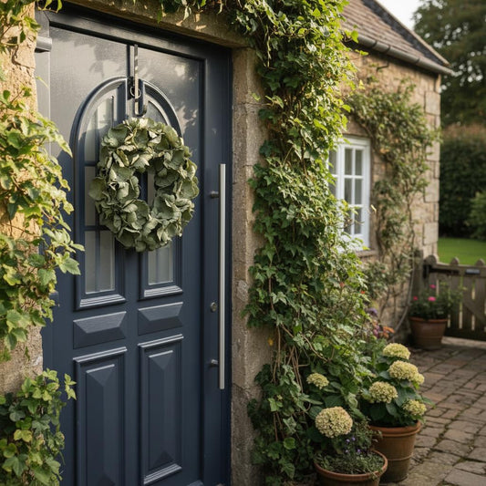 Deko Kranz 45cm – große Blüten – salbeigrün – flache Rückseite mit Öse – Türkranz / Wandkranz – outdoor geeignet unter Dach