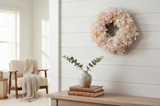 Hortensienkranz rosa 30 cm – konservierte echte Blüten (Annabelle) – Trockenblumenkranz Deko – handgemachter Blumenkranz