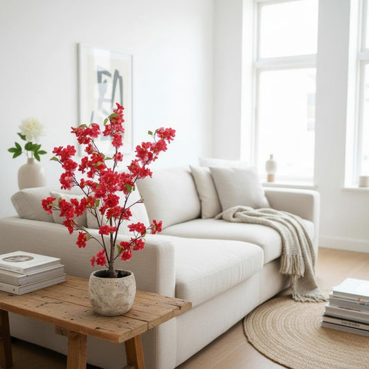 Künstlicher Blütenbusch 80cm Rot – Apfel/Birnenblüte – inkl. Innentopf (für Übertopf) – Kunstpflanze Frühling Deko