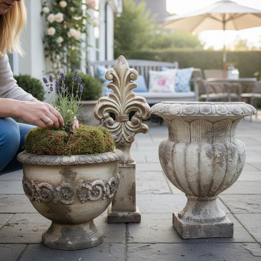 Amphore 32cm – Beton Kunststoff Mix – Antik Steinoptik – Pflanzgefäß Outdoor/Indoor – Garten Deko mediterran