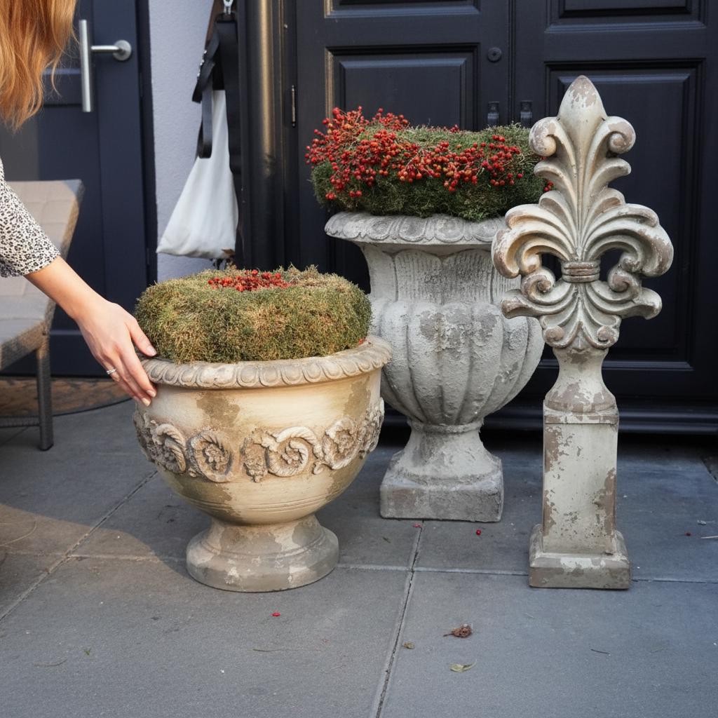 Lilien Skulptur 65cm – Beton Kunststoff Mix – Antik Steinoptik – Garten Deko – Florale Statue – Französische Lilie