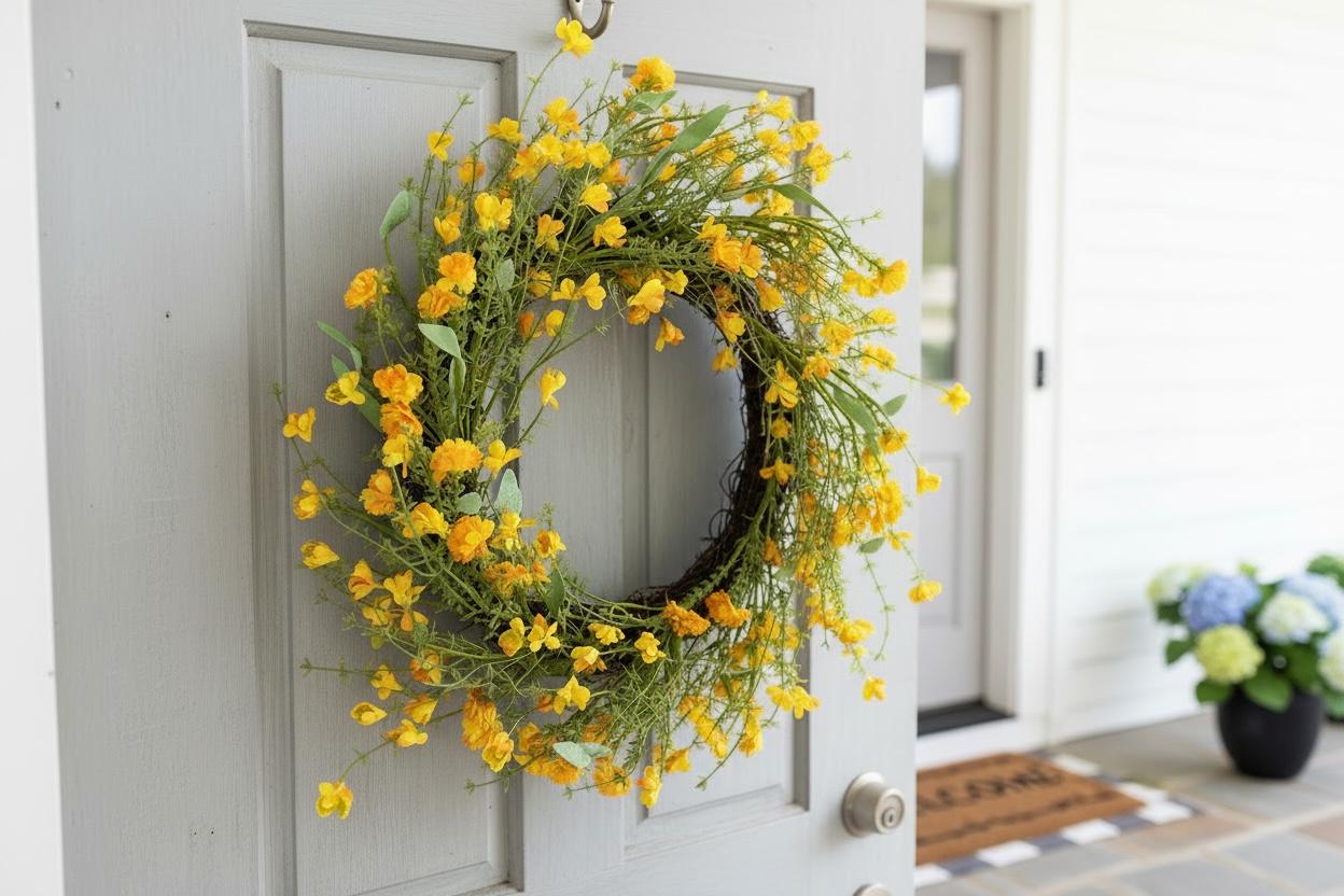 Gelber Frühlingskranz Türkranz | Sommerkranz gelbe Blumen | Wiesenkranz Deko Haustür | Blütenkranz Naturlook | Kranz handgemacht