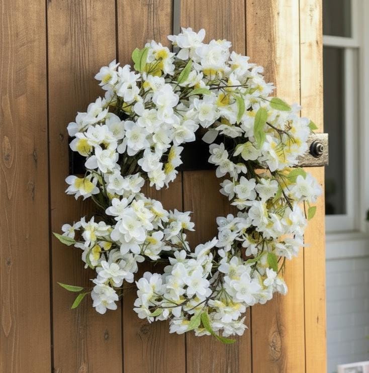 Kirschblütenkranz 50 cm | Türkranz weiß Frühling | Blütenkranz Haustür Deko | Landhaus Deko Kranz | Wandkranz