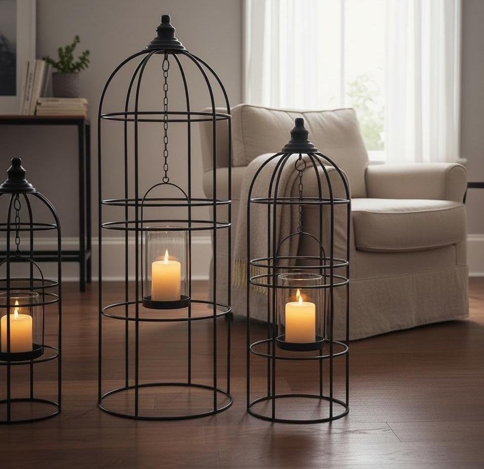 3er Set Metall Laternen schwarz | große Bodenlaternen modern | Windlicht Set Wohnzimmer | Laternen Deko Landhaus | Kerzenhalter Set