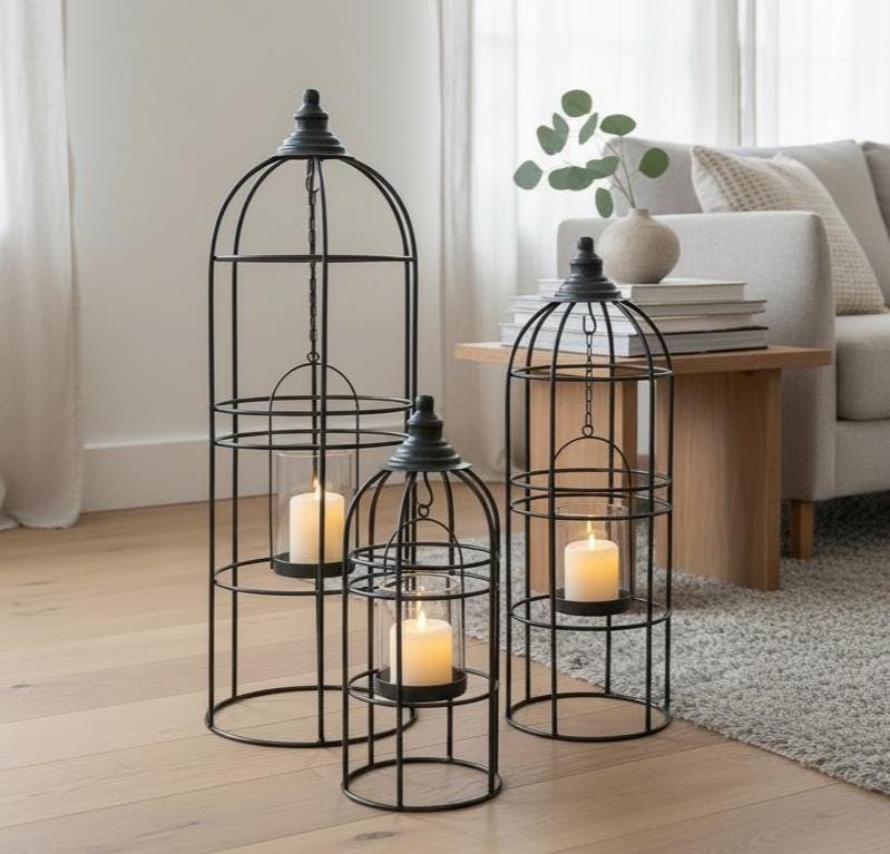 3er Set Metall Laternen schwarz | große Bodenlaternen modern | Windlicht Set Wohnzimmer | Laternen Deko Landhaus | Kerzenhalter Set
