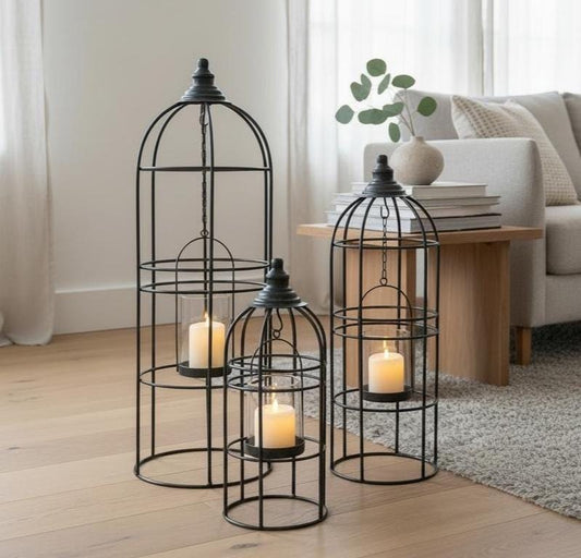 3er Set Metall Laternen schwarz | große Bodenlaternen modern | Windlicht Set Wohnzimmer | Laternen Deko Landhaus | Kerzenhalter Set