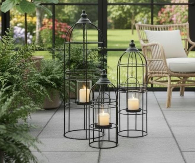 3er Set Metall Laternen schwarz | große Bodenlaternen modern | Windlicht Set Wohnzimmer | Laternen Deko Landhaus | Kerzenhalter Set