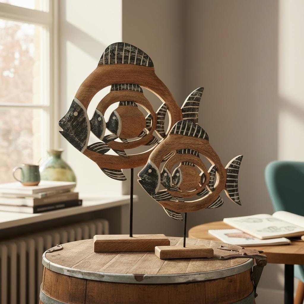 Holz Fisch Deko Mangoholz | maritime Skulptur auf Sockel | Fischfigur Tischdeko | Strandhaus Stil | Größe Klein oder Groß