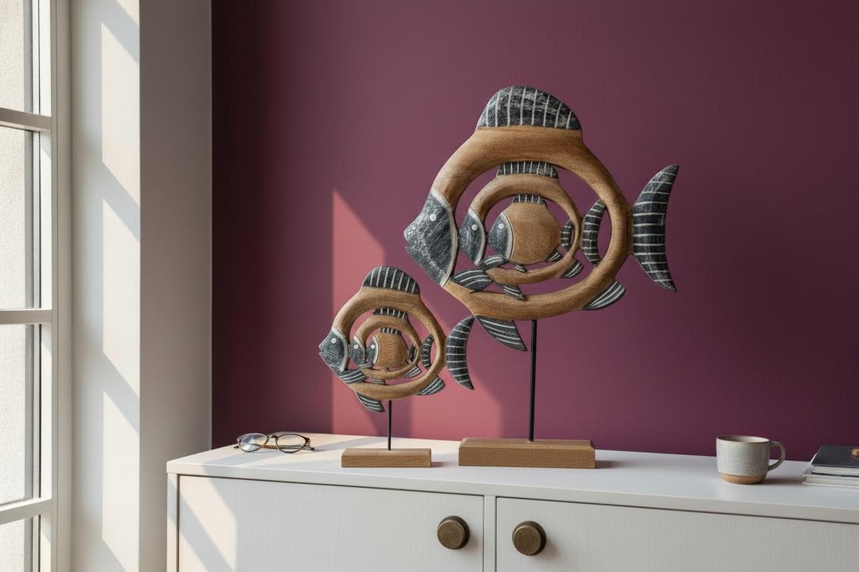 Holz Fisch Deko Mangoholz | maritime Skulptur auf Sockel | Fischfigur Tischdeko | Strandhaus Stil | Größe Klein oder Groß