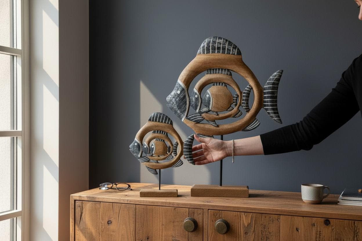 Holz Fisch Deko Mangoholz | maritime Skulptur auf Sockel | Fischfigur Tischdeko | Strandhaus Stil | Größe Klein oder Groß