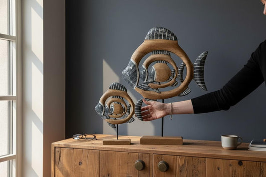 Holz Fisch Deko Mangoholz | maritime Skulptur auf Sockel | Fischfigur Tischdeko | Strandhaus Stil | Größe Klein oder Groß
