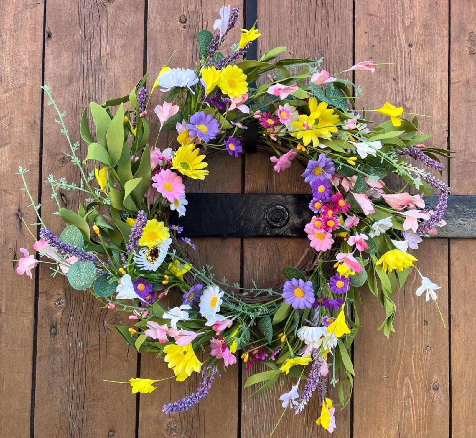 Türkranz Frühling 50 cm bunt | Frühlingskranz künstlich | Sommerkranz Haustür | Blumenkranz Deko Tür | Wandkranz floral groß