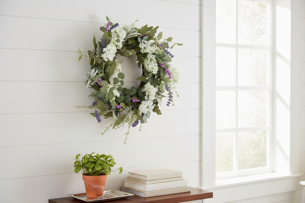 Türkranz Eukalyptus Lavendel 50 cm | Kranz weiß grün lila | Frühlingskranz künstlich | Sommerkranz Türdeko | Wandkranz floral