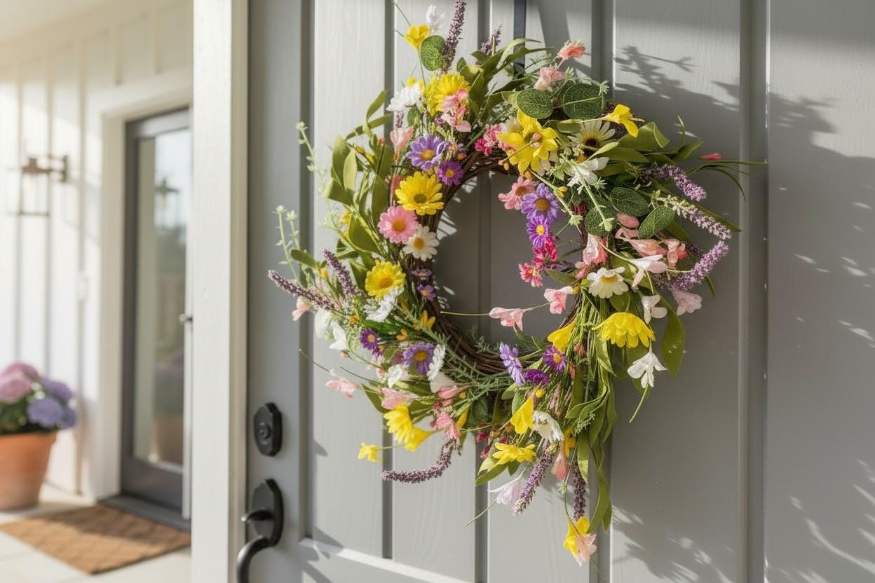 Türkranz Frühling 50 cm bunt | Frühlingskranz künstlich | Sommerkranz Haustür | Blumenkranz Deko Tür | Wandkranz floral groß