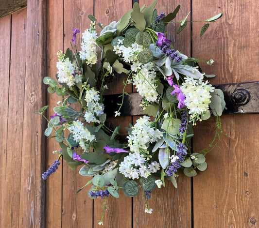 Türkranz Eukalyptus Lavendel 50 cm | Kranz weiß grün lila | Frühlingskranz künstlich | Sommerkranz Türdeko | Wandkranz floral