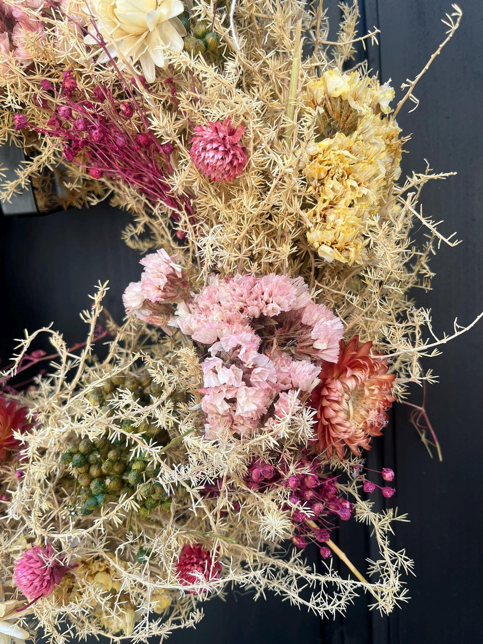 Trockenblumenkranz 30 cm natur gelb rosa | Türkranz Boho | Sommerkranz | Wandkranz | mit oder ohne Halter