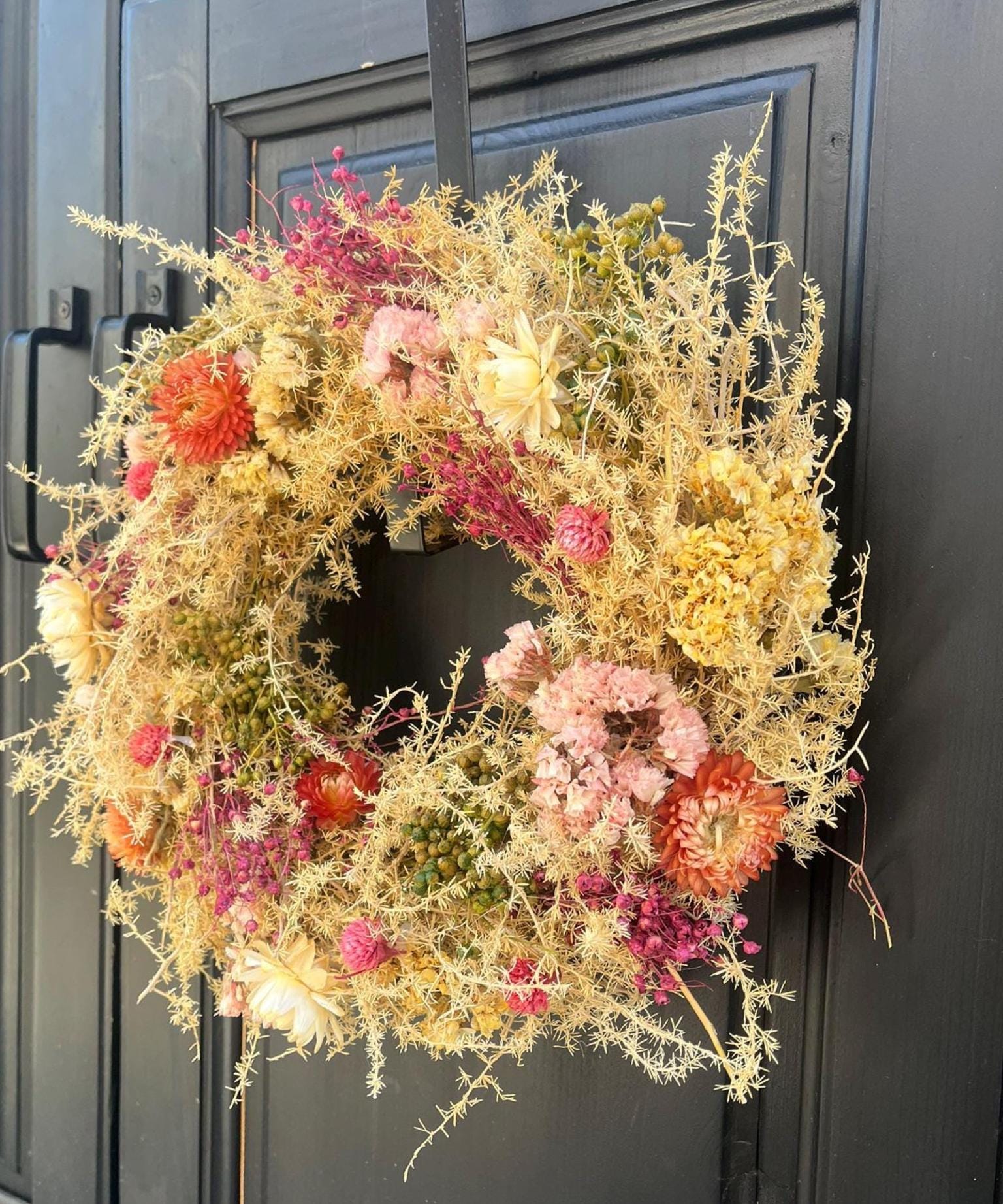 Trockenblumenkranz 30 cm natur gelb rosa | Türkranz Boho | Sommerkranz | Wandkranz | mit oder ohne Halter
