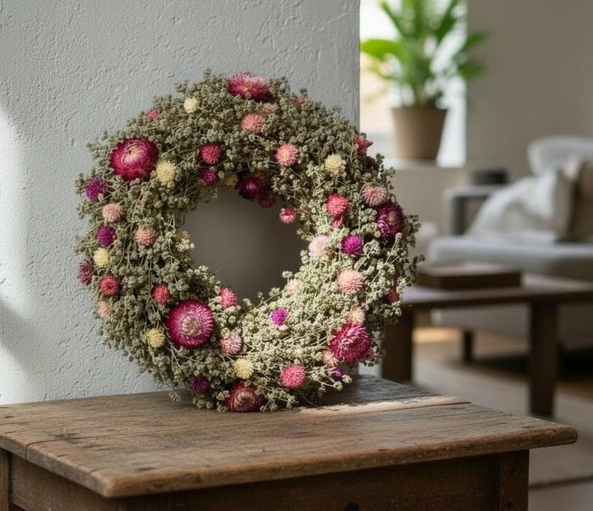 Trockenblumenkranz 30 cm natur pink | Türkranz Boho | Wiesenkranz | Wandkranz | Landhaus Deko | mit oder ohne Halter