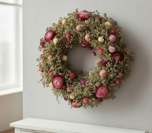 Trockenblumenkranz 30 cm natur pink | Türkranz Boho | Wiesenkranz | Wandkranz | Landhaus Deko | mit oder ohne Halter
