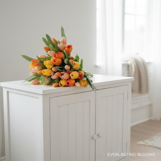 Künstliche Tulpen im Bund (7 Stück) – Rosé, Gelb oder Orange – Real Touch Tulpen – Frühlingsdeko langlebig – Kunstblumen Strauß