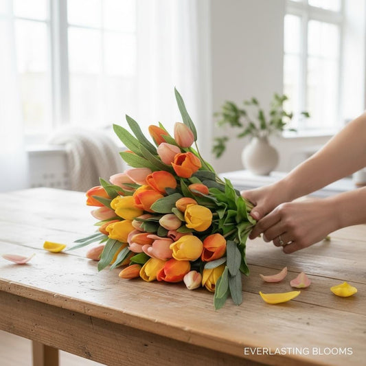 Künstliche Tulpen im Bund (7 Stück) – Rosé, Gelb oder Orange – Real Touch Tulpen – Frühlingsdeko langlebig – Kunstblumen Strauß