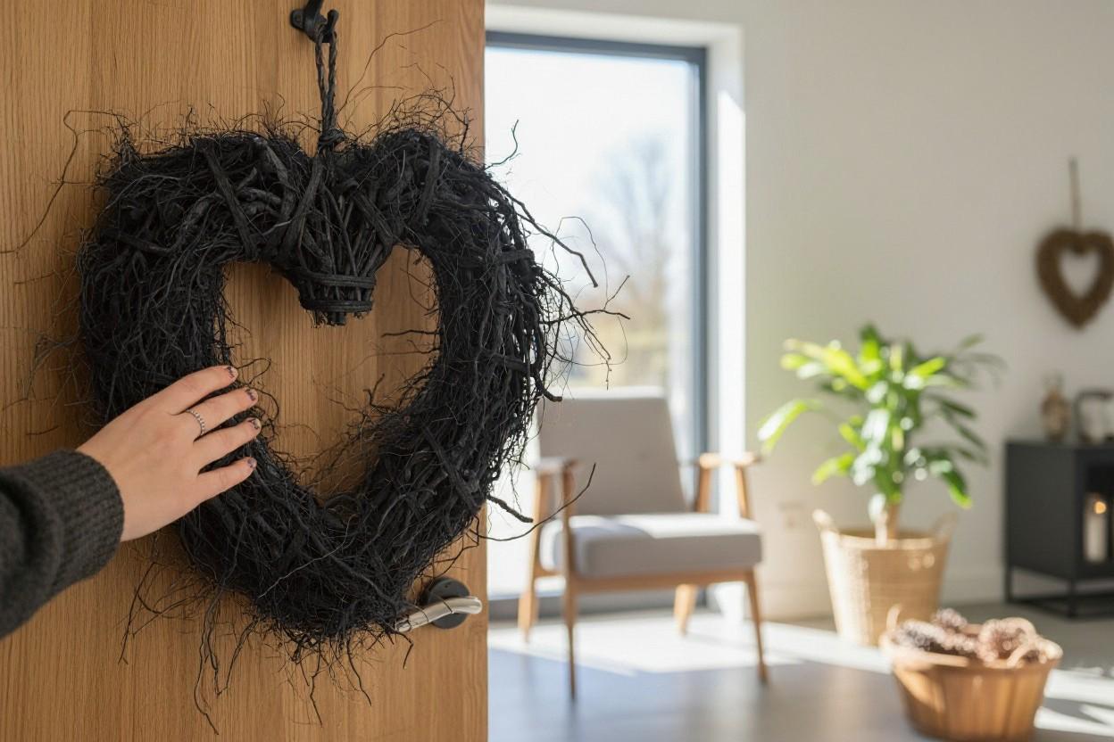 Schwarzer Herzkranz 40 cm – Türkranz modern aus Lianen – Wandkranz schwarz rustikal – Dekokranz Haustür – Geschenk Hochzeit Einzug