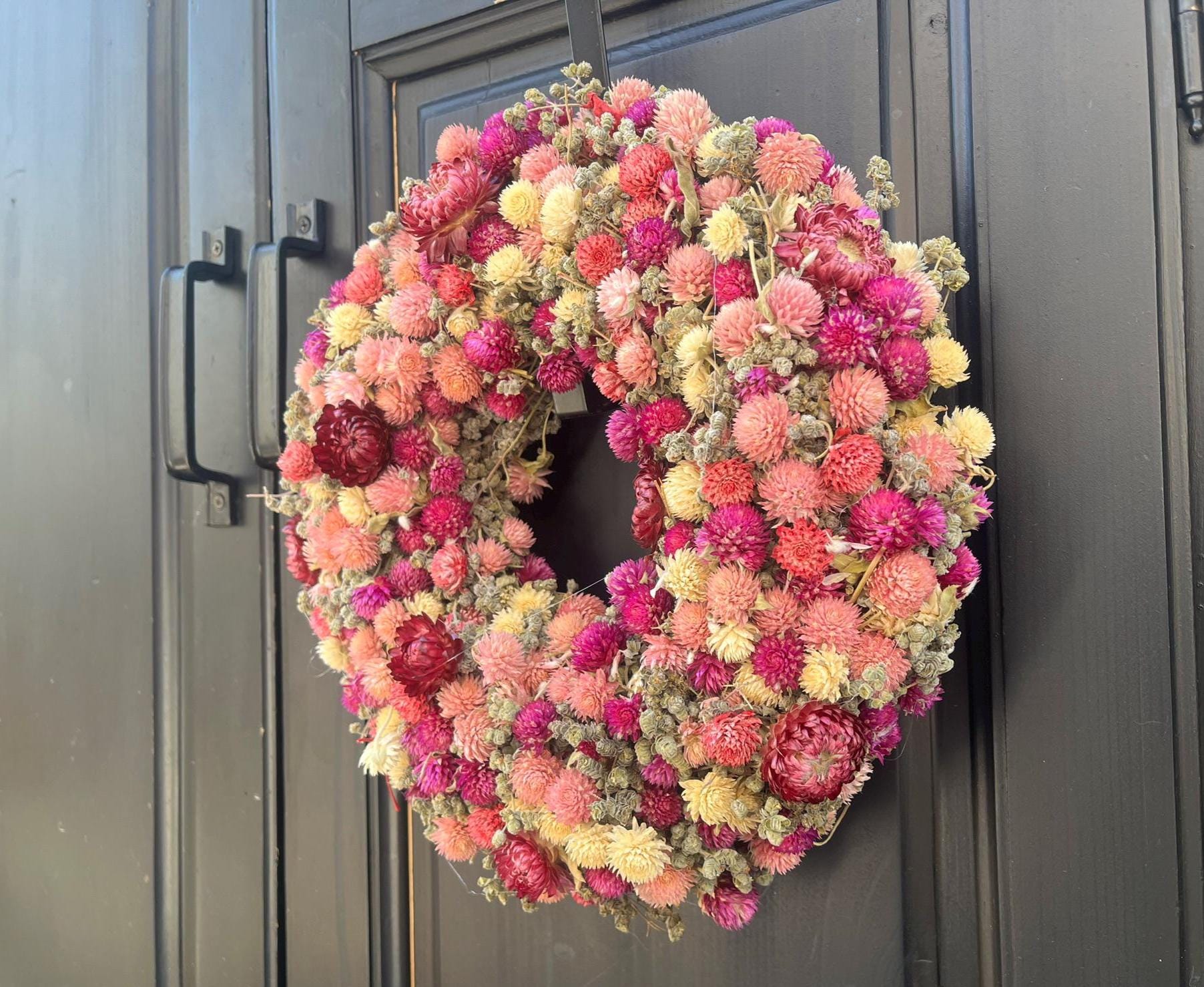 Trockenblumenkranz 30 cm rosa pink | Türkranz Frühling Sommer | Strohblumenkranz Wanddeko | Boho Kranz | mit oder ohne Halter
