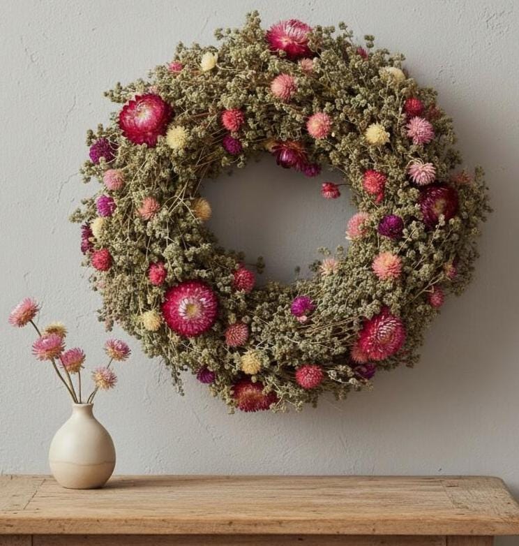 Trockenblumenkranz 30 cm natur pink | Türkranz Boho | Wiesenkranz | Wandkranz | Landhaus Deko | mit oder ohne Halter