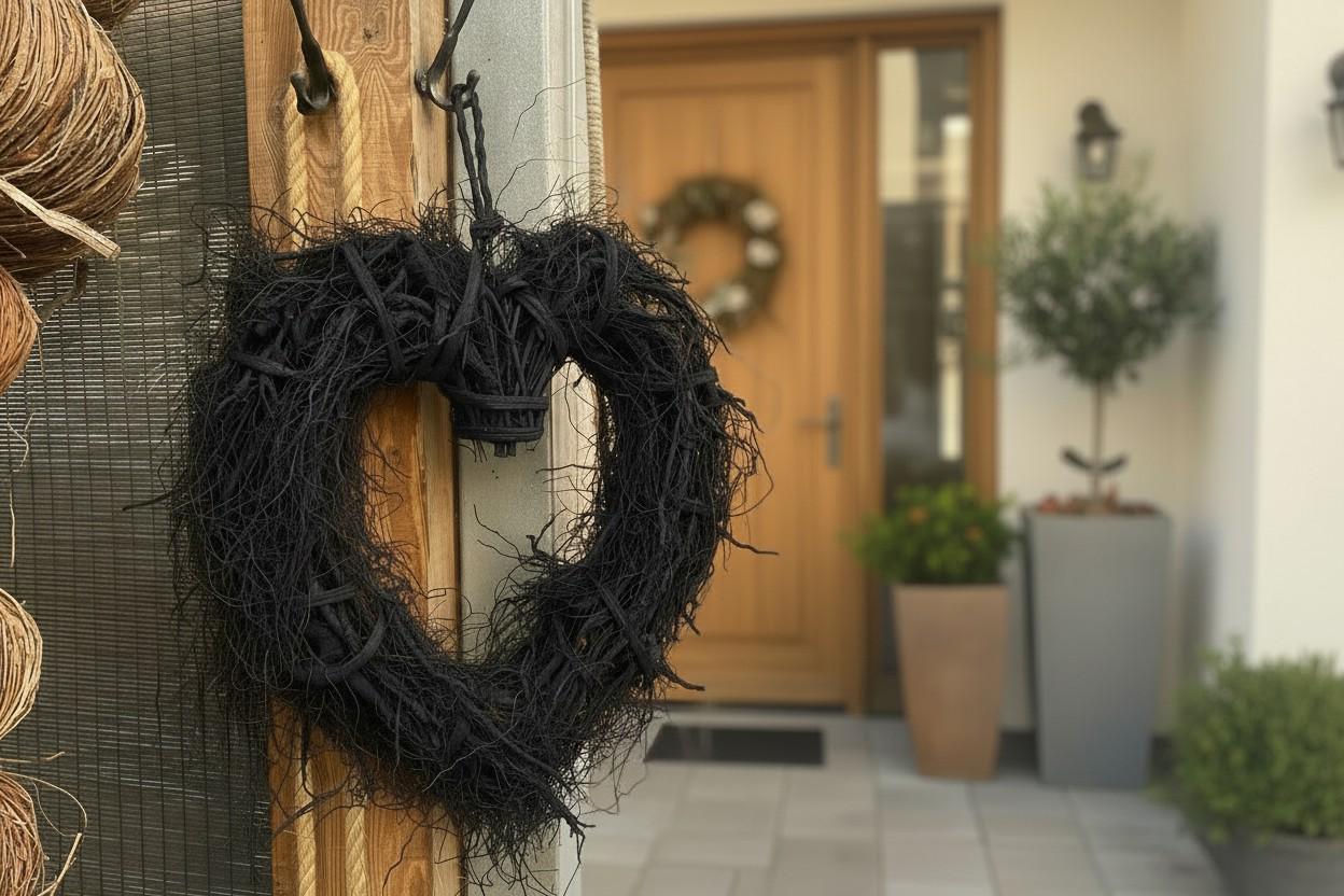 Schwarzer Herzkranz 40 cm – Türkranz modern aus Lianen – Wandkranz schwarz rustikal – Dekokranz Haustür – Geschenk Hochzeit Einzug