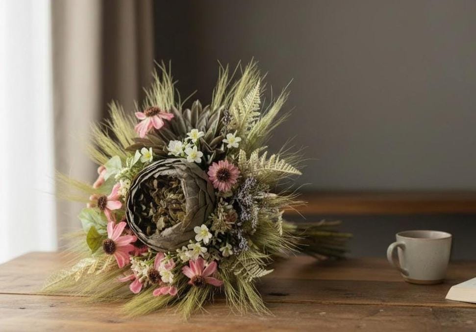 Kunstblumenstrauß mit echtem Getreide | Biedermeierstrauß – Bild 2