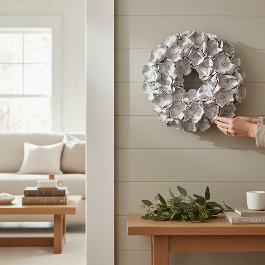 Türkranz Indoor-Wandkranz mit Großen 10 cm Blüten 45 cm Durchmesser, Farbe Weiß, Praktische Aufhängung