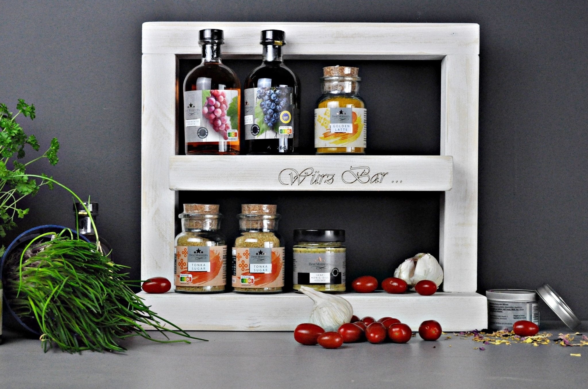 Personalisiertes Gewürzregal Holz Regal Shabby Weiß - Ca. 10 Cm tief / Breite 40 - 80 cm , Küchenregal 3 Regalboden / Ablagen - NordsHunger